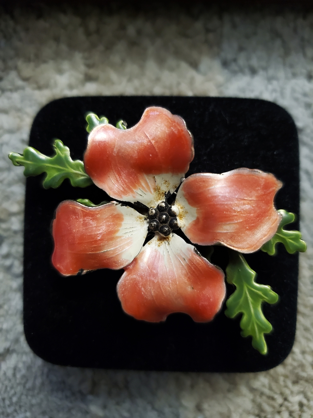 Enamel Floral Pin Brooch in Coral and Green